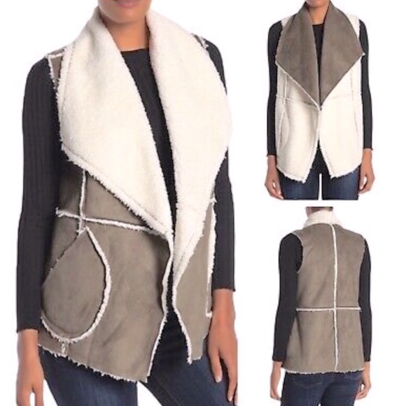 Caslon Reversible Faux Shearling & Vegan Suede Drape Lapel Pocket Patch Vest SzS - Picture 1 of 16